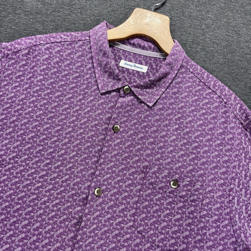 Tommy Bahama Shirt Mens 3XL Silk Blend Purple Geometric Button Up Short Sleeves